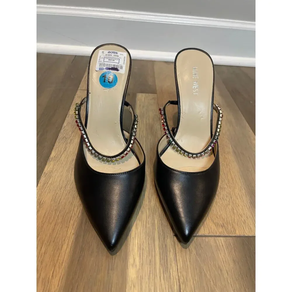 Nine West Womens Black Rhinestone Open‑Back Heels Size 10 New With Tag
